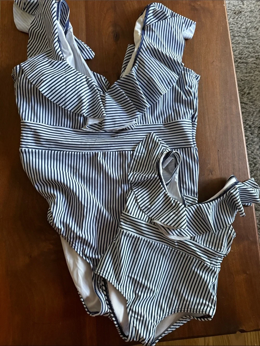 Mommy and Me Navy & White Striped Kids One-Piece Swimsuit - Ruffle Front